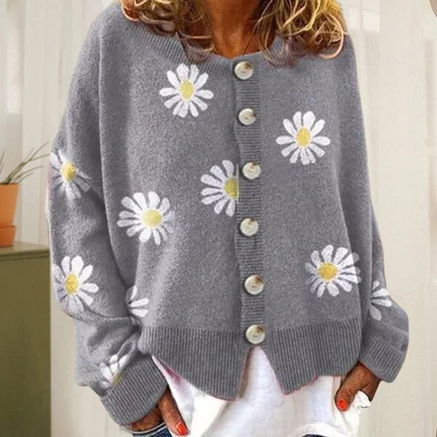 Women’s Cardigan – Oversized Fit – Soft Knit – Daisy Print – Ribbed Trim – Button Front