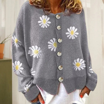 Women’s Cardigan – Oversized Fit – Soft Knit – Daisy Print – Ribbed Trim – Button Front