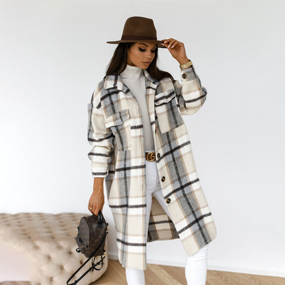 Women’s Long Coat – Wool Blend – Oversized Fit – Checkered – Button Front – Flap Pockets