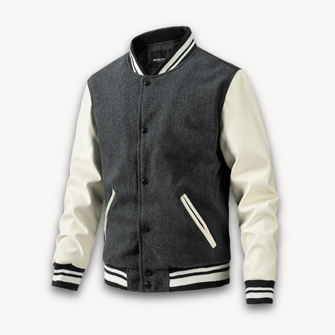 Men’s Varsity Jacket – Classic Fit – Soft Textured Body – Long Sleeves – Snap Front