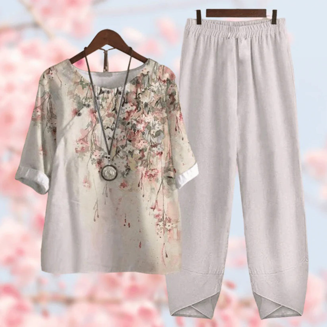 Women’s Two-Piece Set – Relaxed Fit – Cotton Blend – Elbow Sleeve – Button Detail