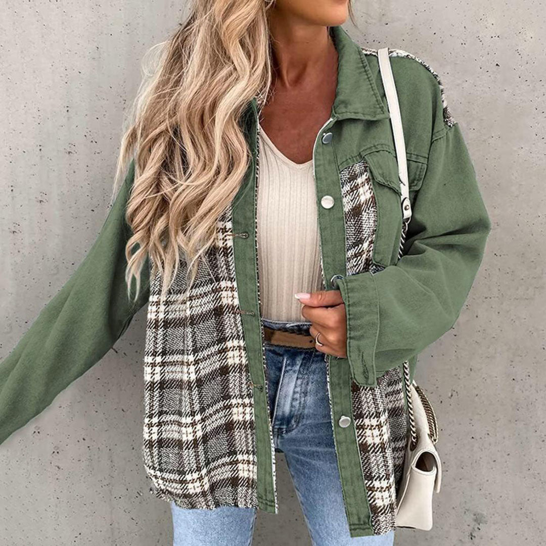 Women’s Casual Jacket – Relaxed Fit – Cotton Blend – Mixed Pattern – Button Front