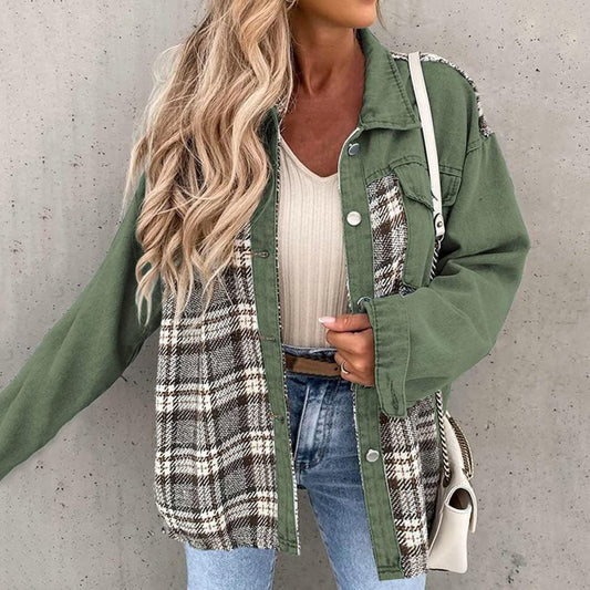 Women’s Casual Jacket – Relaxed Fit – Cotton Blend – Mixed Pattern – Button Front