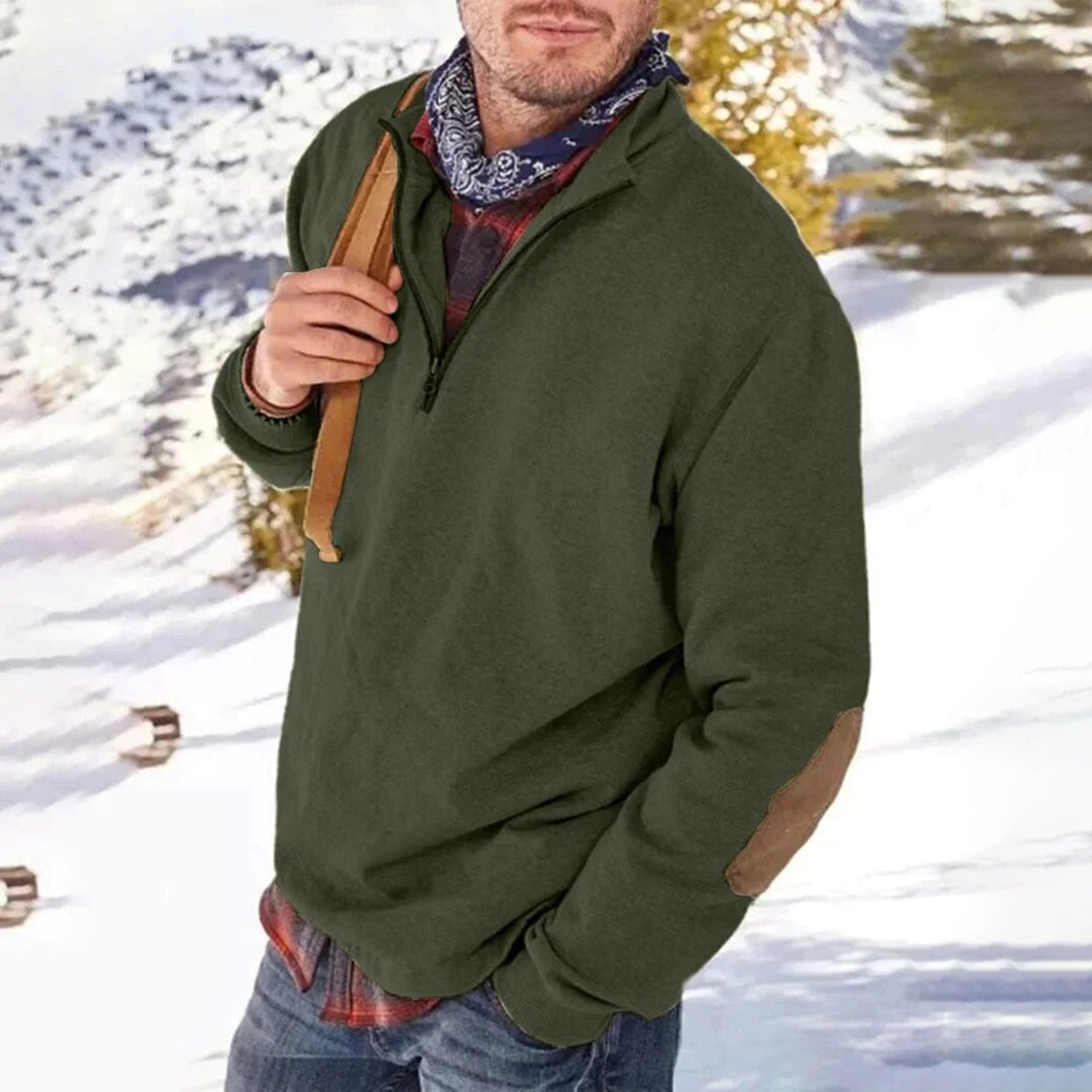 Men’s Sweater – Relaxed Fit – Soft Knit – Half Zip – Elbow Patch – Ribbed Hem