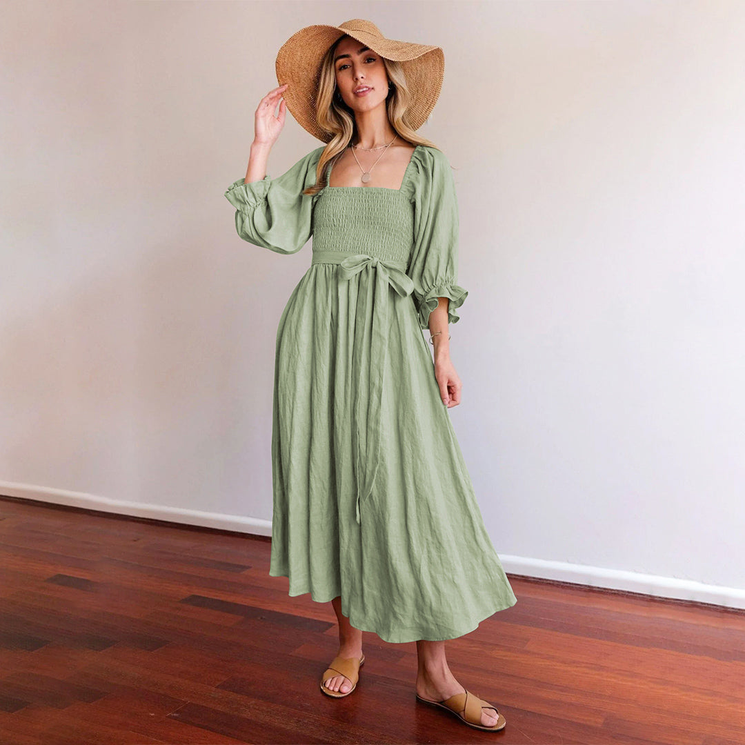 Women's Midi Dress - Square Neck - Puff Sleeves - Smocked Back - Flowy Lightweight Fabric