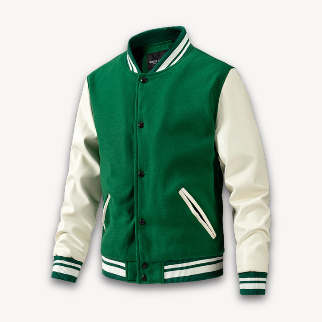 Men’s Varsity Jacket – Classic Fit – Soft Textured Body – Long Sleeves – Snap Front