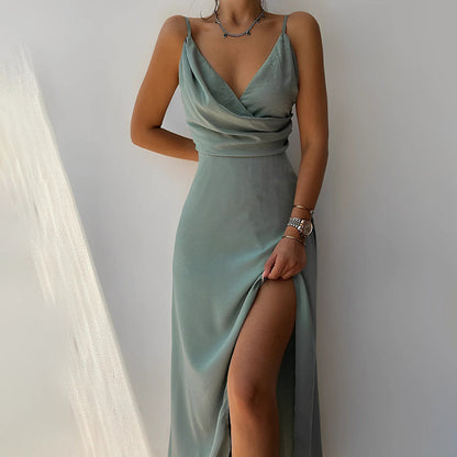 Women’s Dress – Satin Fabric – Slim Fit – Plunging Neckline – Floor Length – Slit Detail