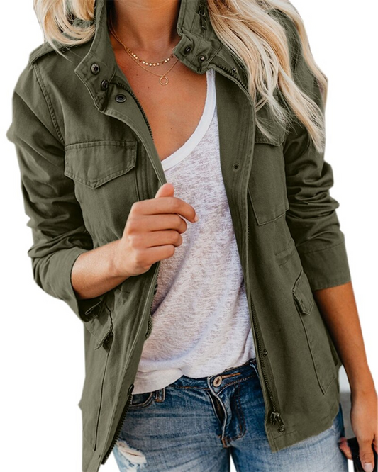 Women’s Jacket – Structured Fit – Cotton Blend – Zip Front – Stand Collar – Pockets