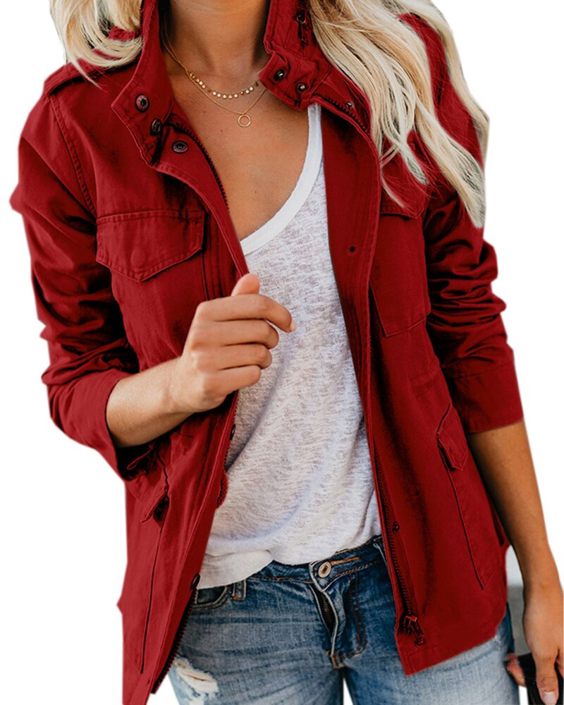 Women’s Jacket – Structured Fit – Cotton Blend – Zip Front – Stand Collar – Pockets