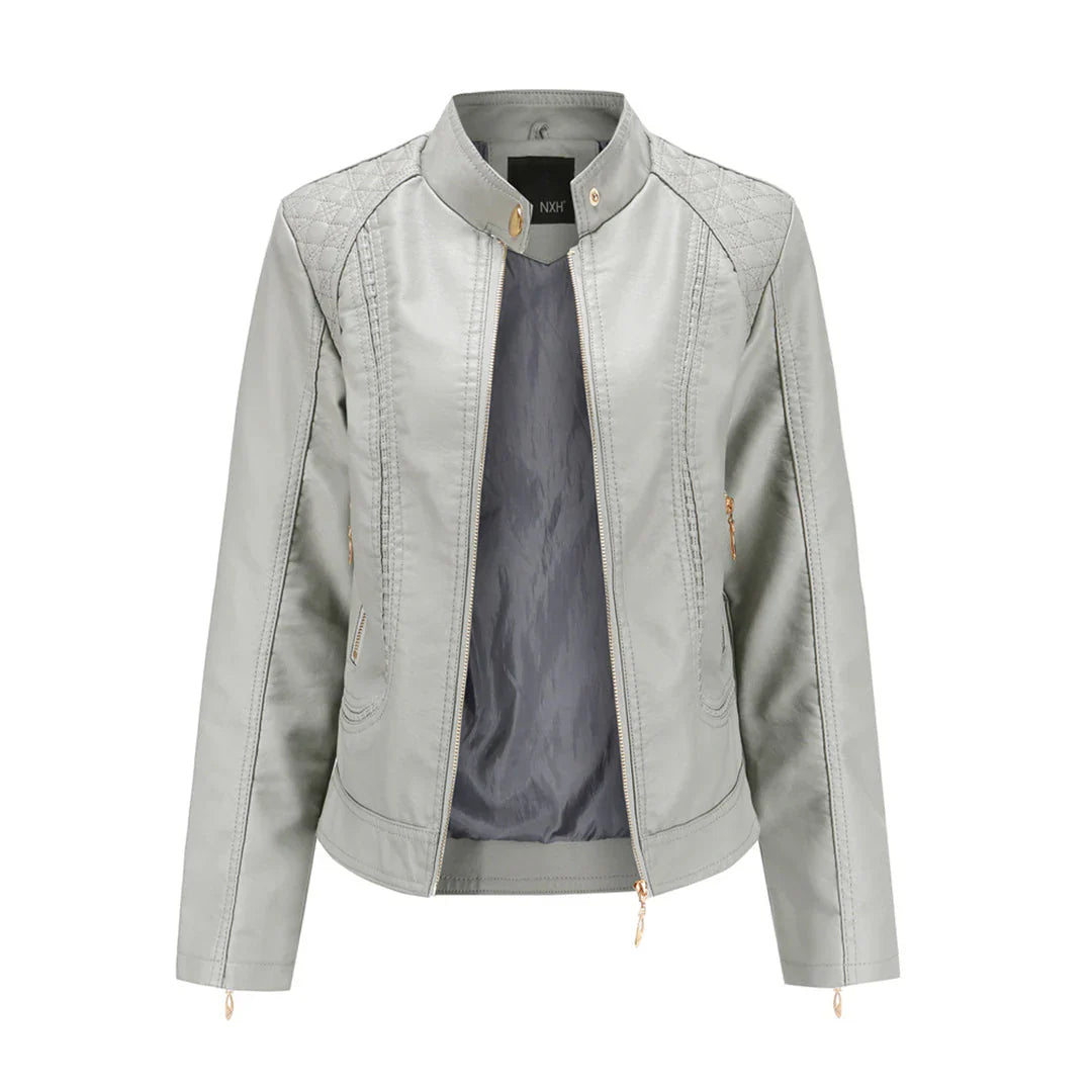 Women’s Leather Jacket – Slim Fit – Quilted Shoulders – Stand Collar – Zippered Pockets