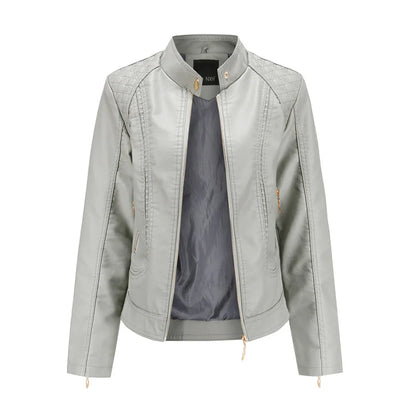 Women’s Leather Jacket – Slim Fit – Quilted Shoulders – Stand Collar – Zippered Pockets