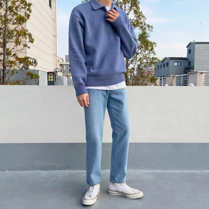 Men’s Polo Sweater – Wool Knit – Relaxed Fit – Button Collar – Ribbed Cuffs & Hem