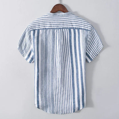 Men’s Short Sleeve Shirt – Relaxed Fit – Breathable Blend – Band Collar – Striped