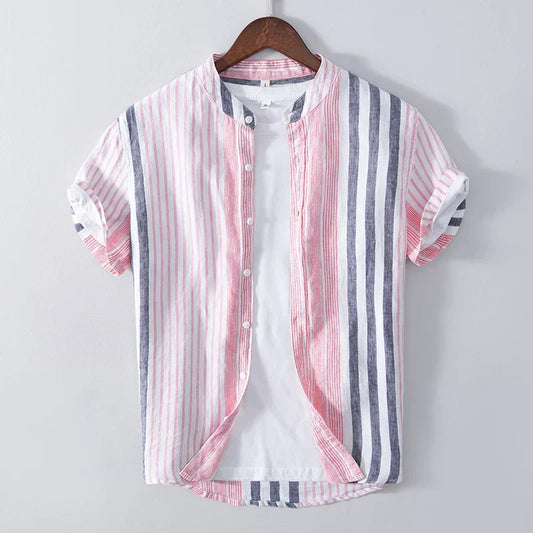 Men’s Short Sleeve Shirt – Relaxed Fit – Breathable Blend – Band Collar – Striped