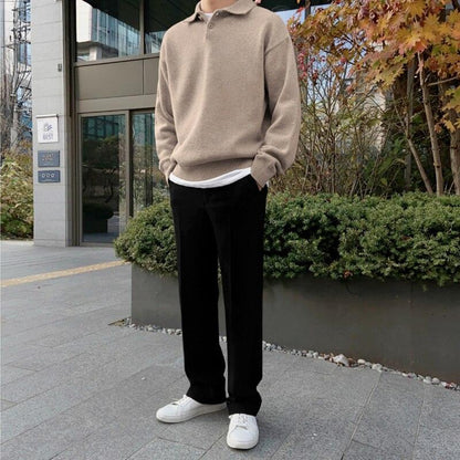 Men’s Polo Sweater – Wool Knit – Relaxed Fit – Button Collar – Ribbed Cuffs & Hem