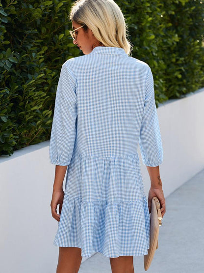 Women's Shirt Dress - Gingham Pattern - Three-Quarter Sleeve - Button-Up Lightweight