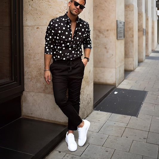 Men’s Button-Up Shirt – Slim Fit – Polka Dot Print – Breathable Cotton – Classic Collar