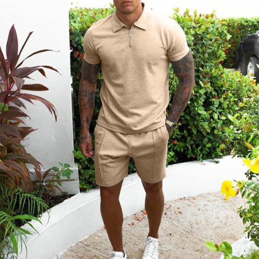 Men’s Polo Shirt and Shorts Set – Regular Fit – Zip Collar – Breathable Blend – Casual