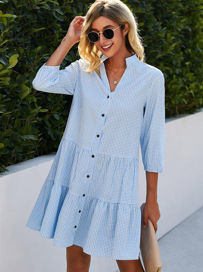 Women's Shirt Dress - Gingham Pattern - Three-Quarter Sleeve - Button-Up Lightweight