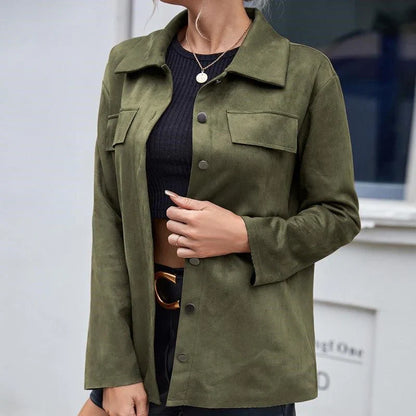 Women’s Suede Jacket – Relaxed Fit – Button Front – Chest Pockets – Shirt Collar