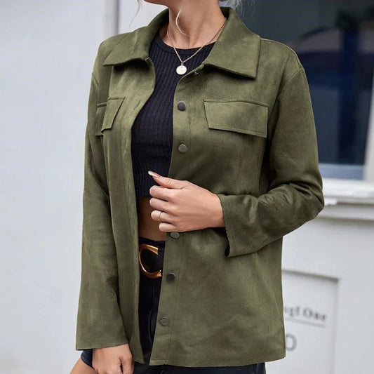 Women’s Suede Jacket – Relaxed Fit – Button Front – Chest Pockets – Shirt Collar