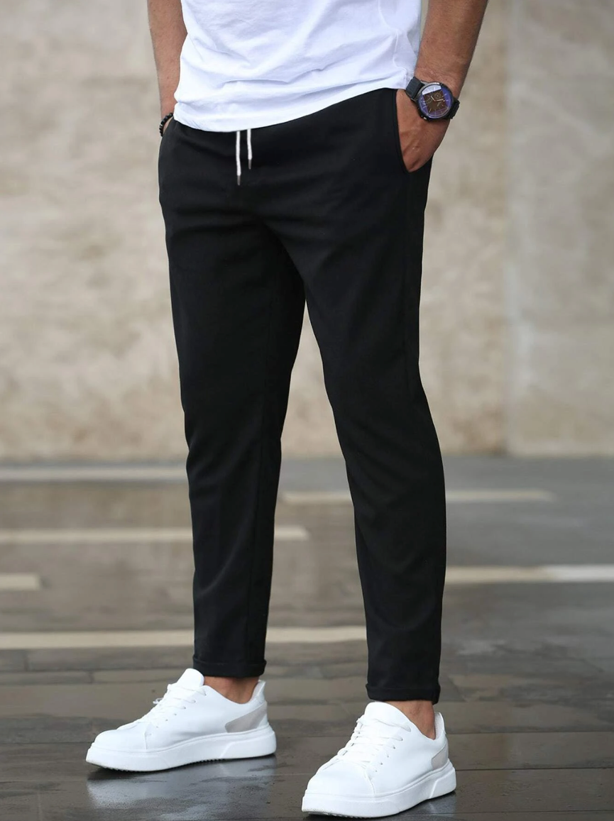 Men’s Slim Fit Pants – Cotton Blend – Elastic Waist – Drawstring – Full Length