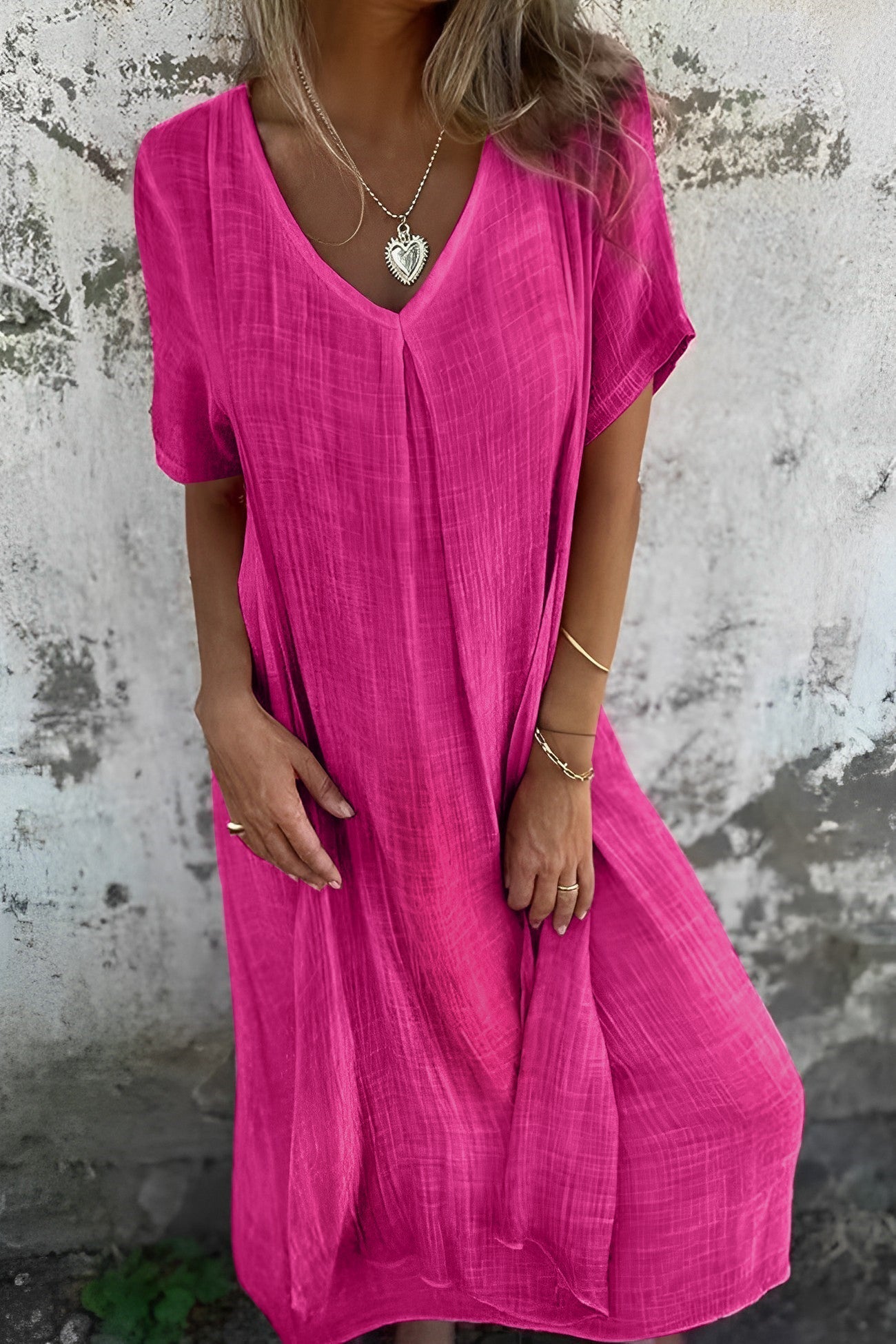 Women's Maxi Dress - Lightweight Cotton - V-Neck - Short Sleeve - Relaxed Fit