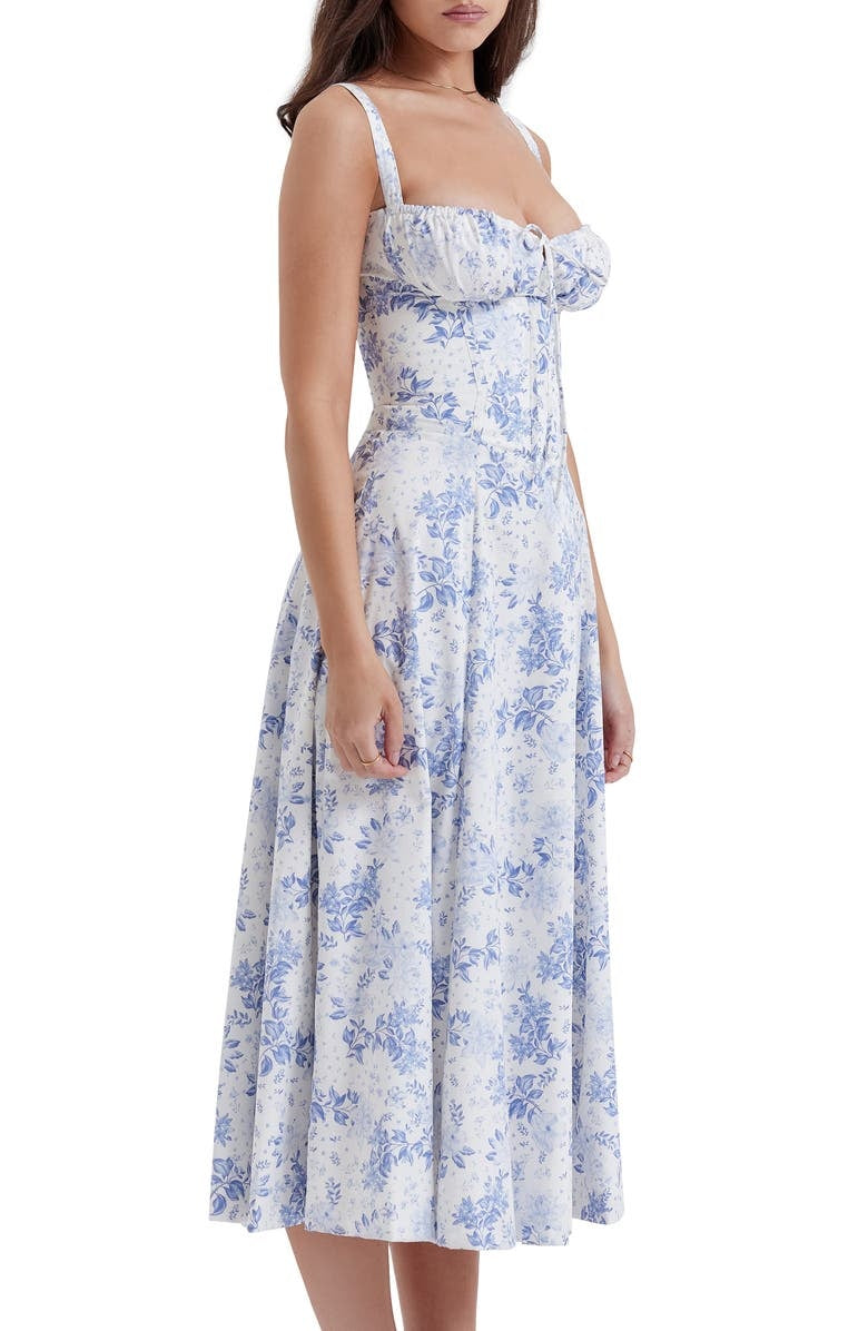 Women's Midi Dress - Floral Print - Sweetheart Neckline - Lace-Up Bust - A-Line Silhouette