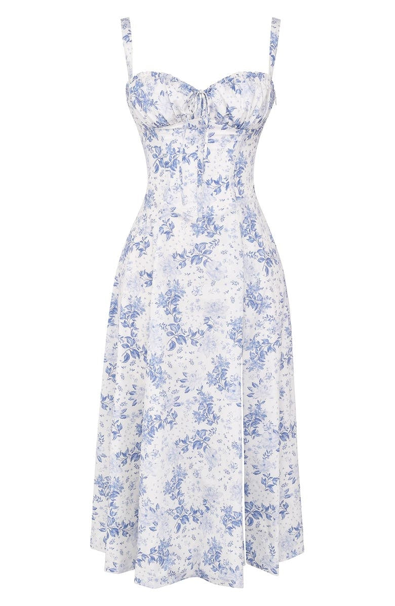 Women's Midi Dress - Floral Print - Sweetheart Neckline - Lace-Up Bust - A-Line Silhouette