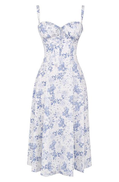 Women's Midi Dress - Floral Print - Sweetheart Neckline - Lace-Up Bust - A-Line Silhouette