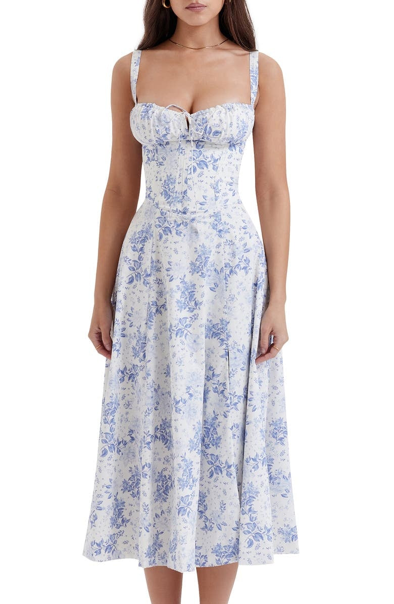 Women's Midi Dress - Floral Print - Sweetheart Neckline - Lace-Up Bust - A-Line Silhouette