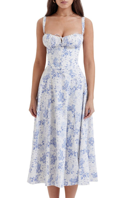 Women's Midi Dress - Floral Print - Sweetheart Neckline - Lace-Up Bust - A-Line Silhouette