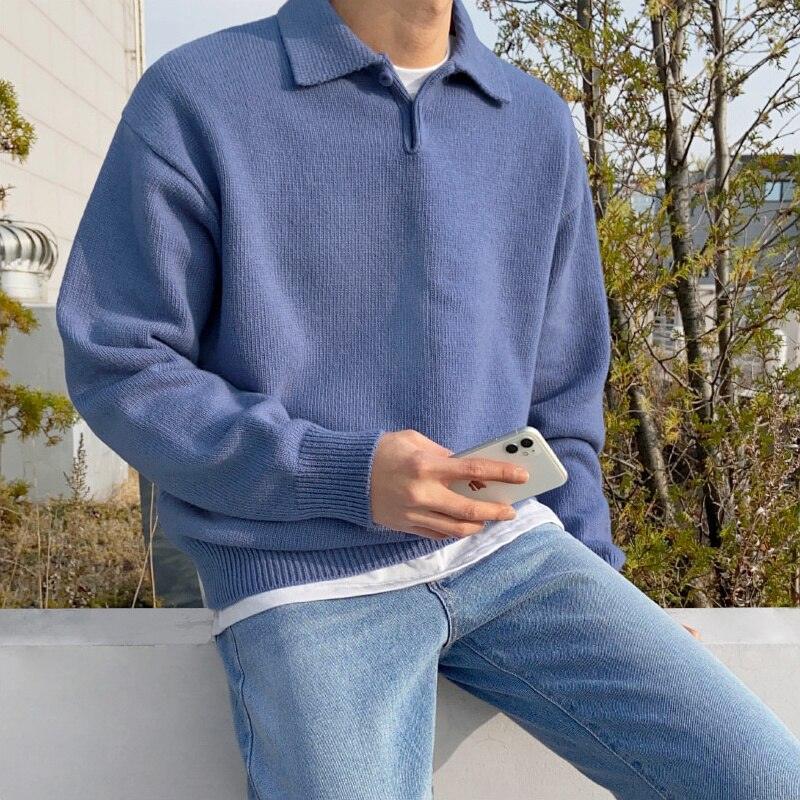 Men’s Polo Sweater – Wool Knit – Relaxed Fit – Button Collar – Ribbed Cuffs & Hem