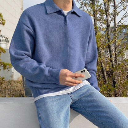 Men’s Polo Sweater – Wool Knit – Relaxed Fit – Button Collar – Ribbed Cuffs & Hem