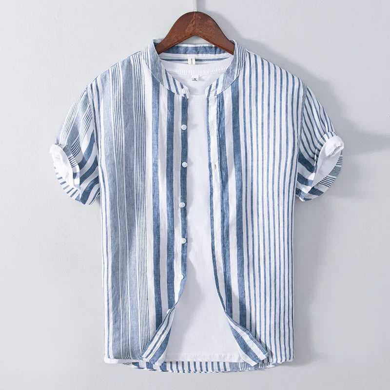 Men’s Short Sleeve Shirt – Relaxed Fit – Breathable Blend – Band Collar – Striped