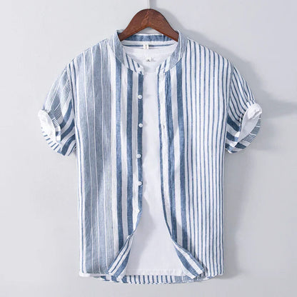 Men’s Short Sleeve Shirt – Relaxed Fit – Breathable Blend – Band Collar – Striped