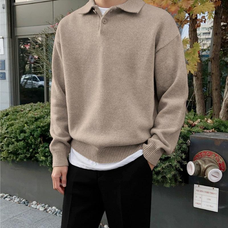 Men’s Polo Sweater – Wool Knit – Relaxed Fit – Button Collar – Ribbed Cuffs & Hem