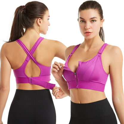 Women’s Sports Bra – High Support – Front Zip – Criss-Cross Back – Breathable Blend