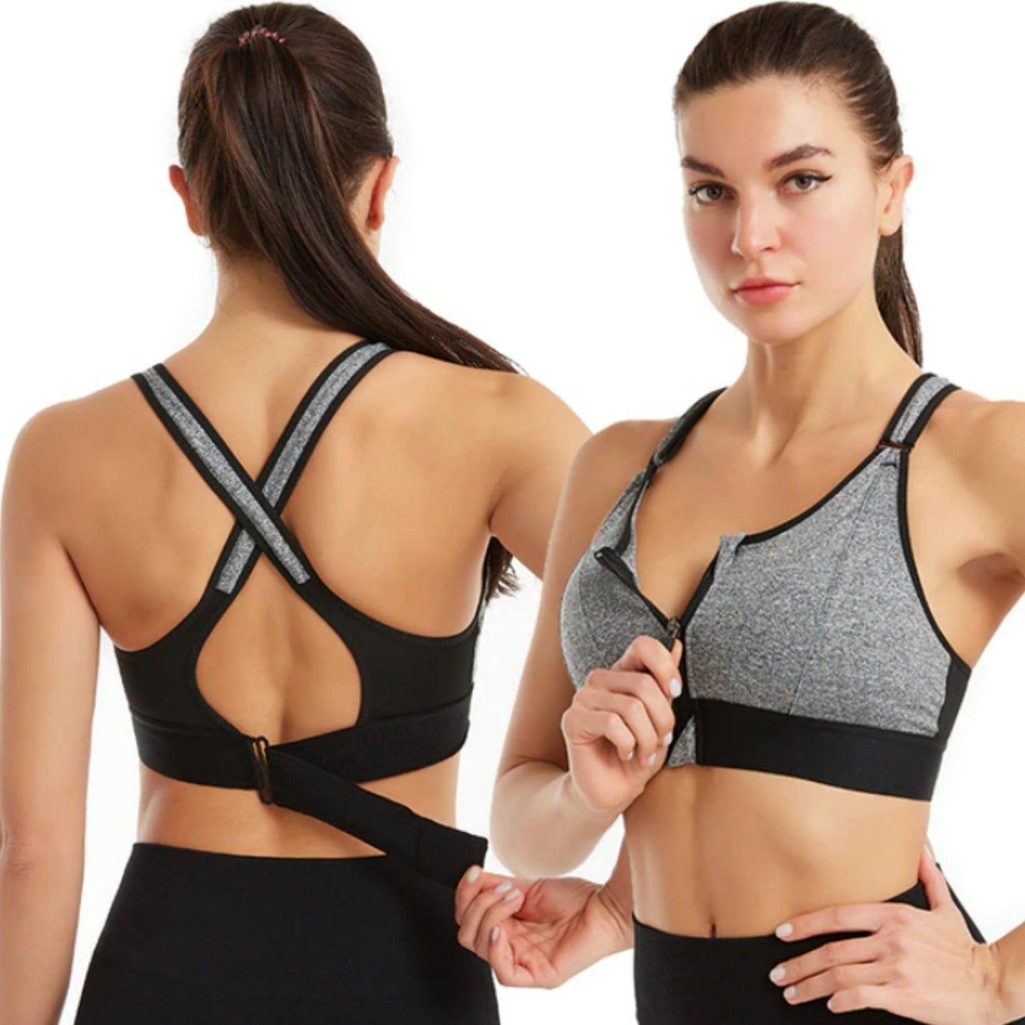 Women’s Sports Bra – High Support – Front Zip – Criss-Cross Back – Breathable Blend