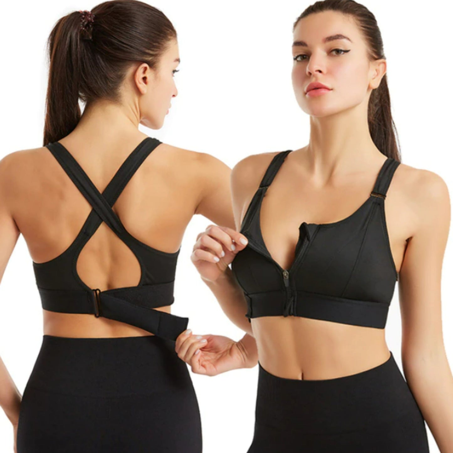 Women’s Sports Bra – High Support – Front Zip – Criss-Cross Back – Breathable Blend