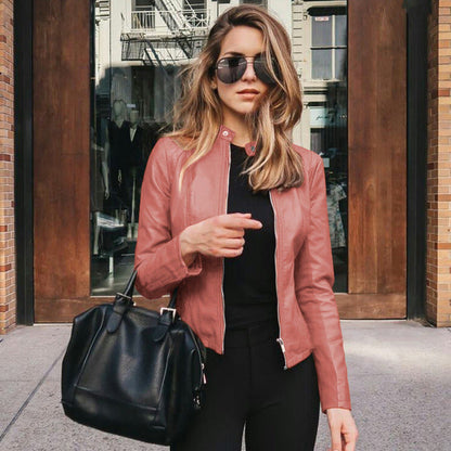Women’s Biker Jacket – Genuine Leather – Slim Fit – Cropped Waist – Zippered Cuffs