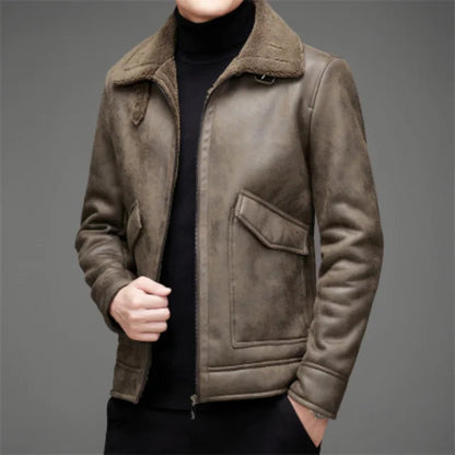 Men’s Leather Jacket – Structured Fit – Fleece Collar – Zip Front – Waist Length