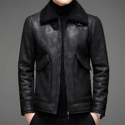Men’s Leather Jacket – Structured Fit – Fleece Collar – Zip Front – Waist Length