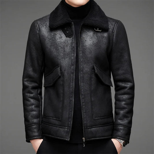 Men’s Leather Jacket – Structured Fit – Fleece Collar – Zip Front – Waist Length