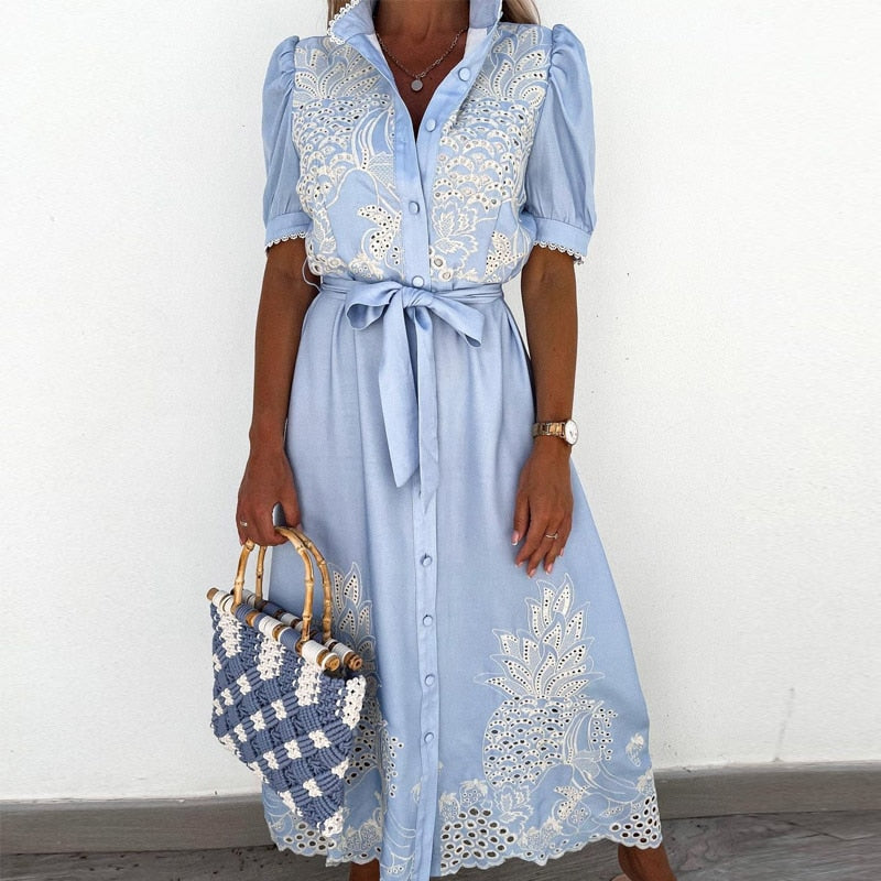 Women's Midi Shirt Dress - Button-Down Collar - Puff Sleeve with Tie Belt - Embroidered Lace