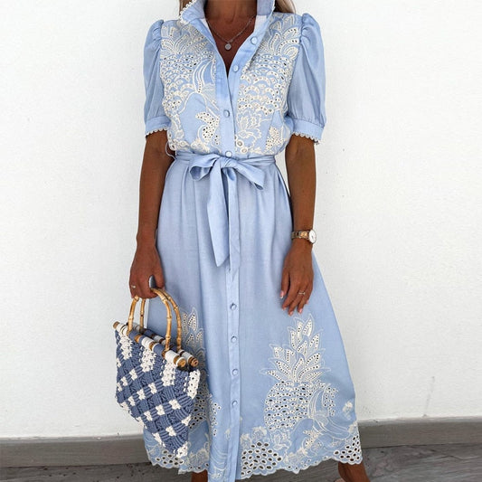 Women's Midi Shirt Dress - Button-Down Collar - Puff Sleeve with Tie Belt - Embroidered Lace