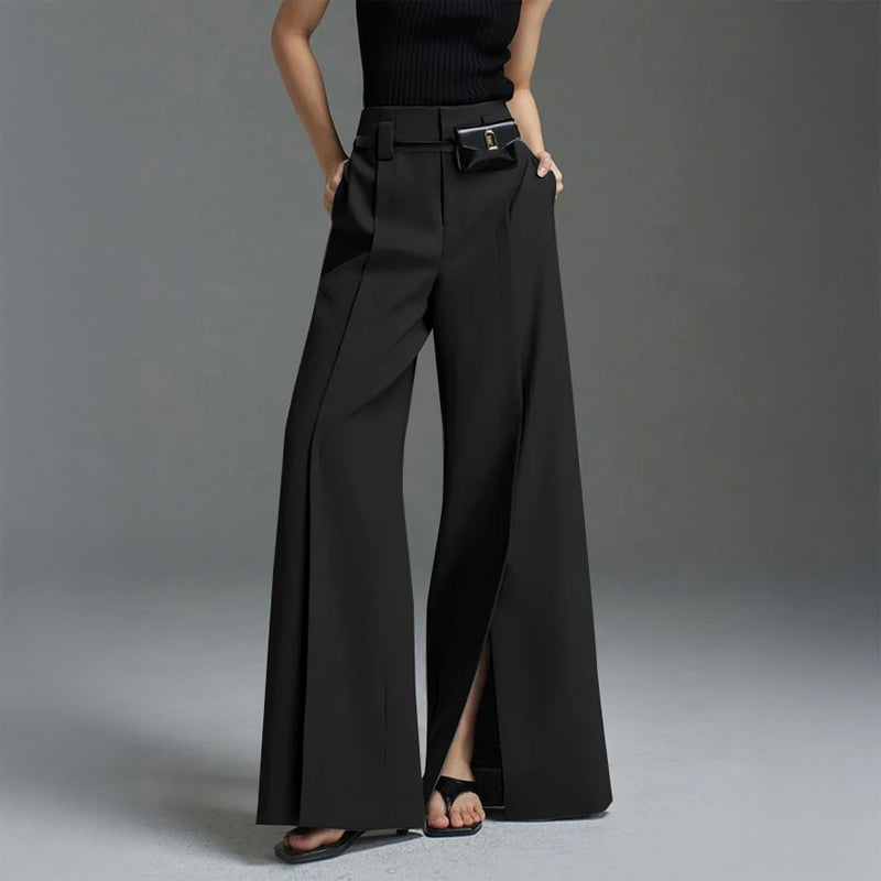 Ava High-Waist Palazzo Pants | Front Slit Pleated Wide-Leg Pants