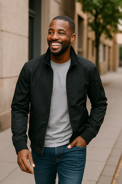 Men’s Bomber Jacket – Woven Matte Fabric – Stand Collar – Ribbed Cuffs – Zip Pockets