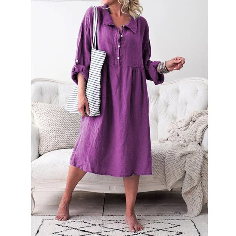 Women’s Knee-Length Dress – Relaxed Fit – Cotton Blend – Button Front – Casual Wear