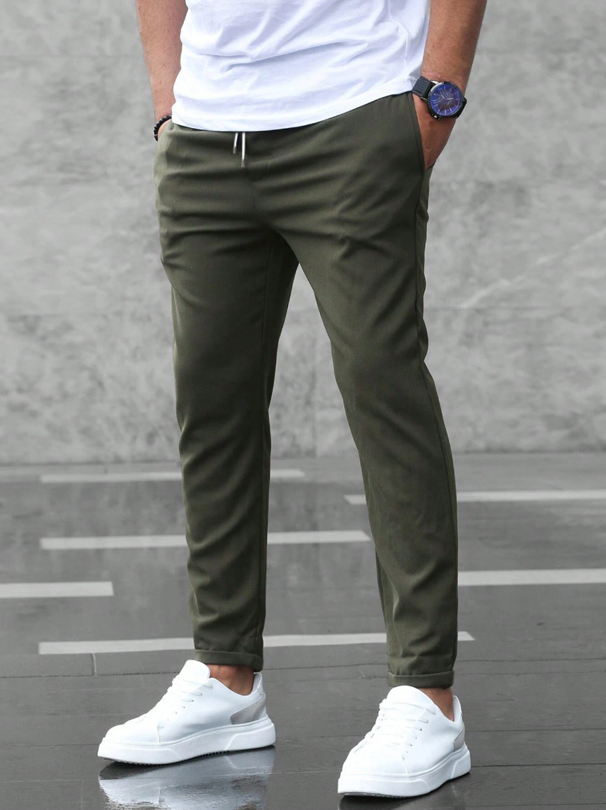 Men’s Slim Fit Pants – Cotton Blend – Elastic Waist – Drawstring – Full Length